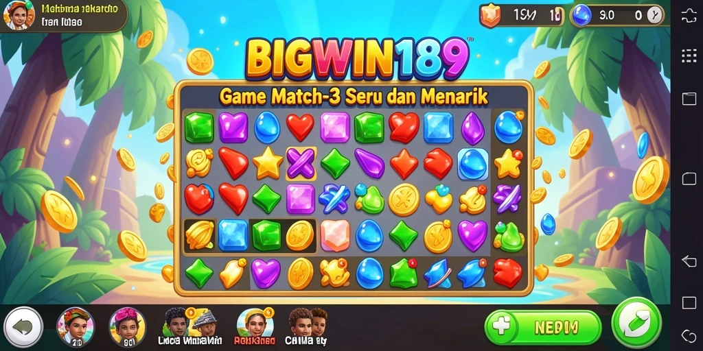 Tampilan gameplay menarik dari BIGWIN189 dengan elemen match-3 yang colorful.