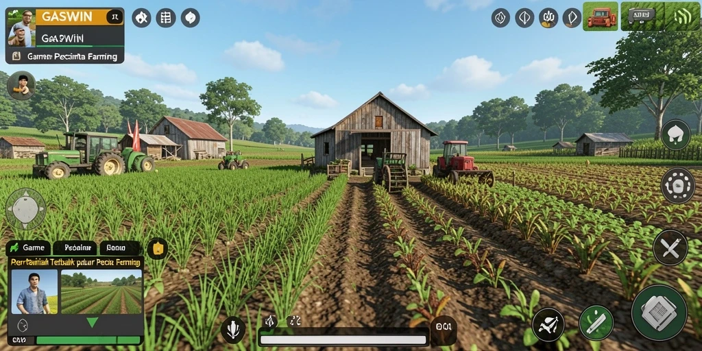 Screenshot utama GASWIN menampilkan gameplay seru saat bertani.