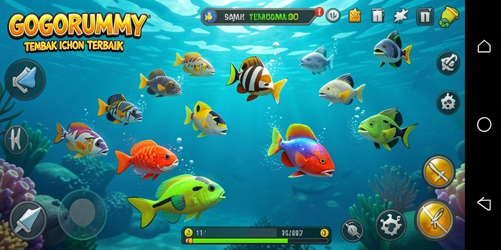 Screenshot utama GOGORUMMY menunjukkan gameplay seru saat menembak ikan.