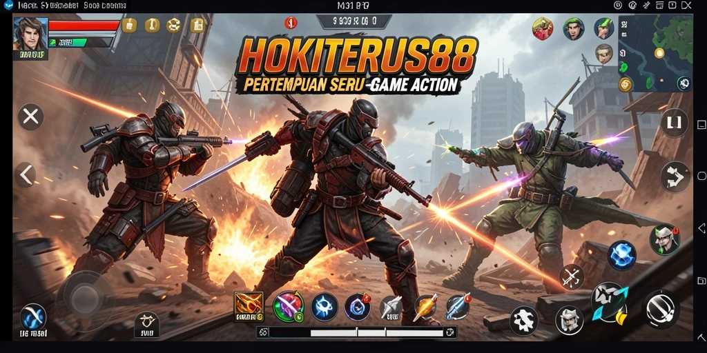 Screenshot HOKITERUS88 menunjukkan pertempuran intens dengan karakter yang bergerak dinamis.