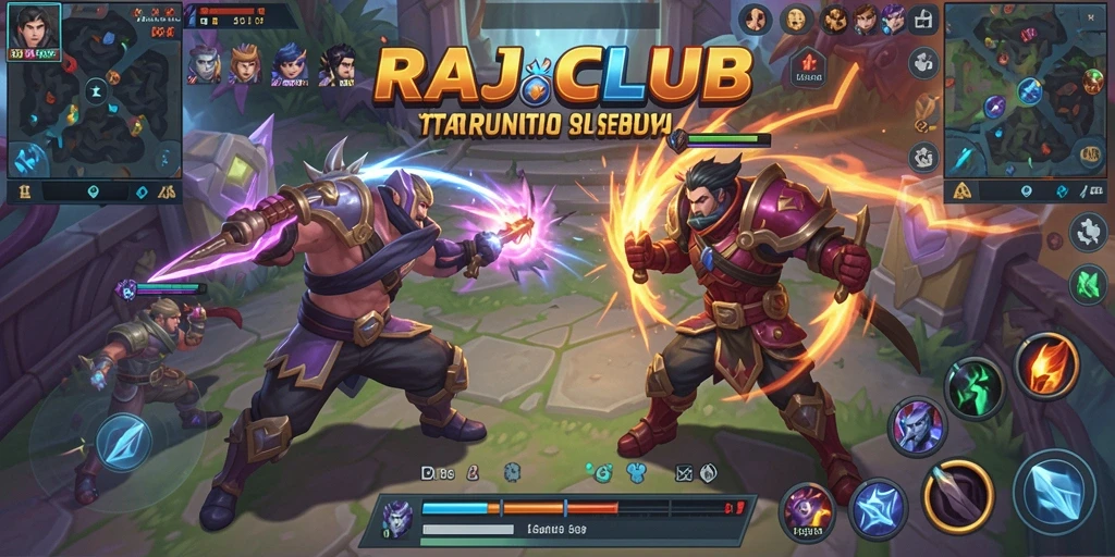 Tangkapan layar menunjukkan aksi seru dalam permainan MOBA RAJACLUB.